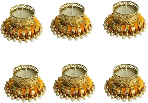 Vinshbond Designed Decorative Diya Tealight Candle Holder/Diwali Decoration/Office Decoration Set of 6, Yellow