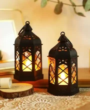 Satyam Kraft 2 Pcs Flameless and Smokeless Acrylic Antique LED Lantern Hurricane Lamp and Wall Hanging Led Candle Light Holder for Home,Living Room,Bedroom for Diwali Decorations (Yellow)